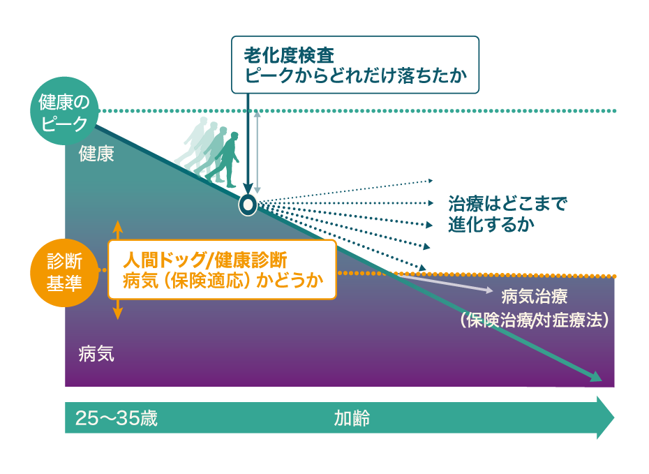 老化の坂と診断基準、治療による分岐を示す図